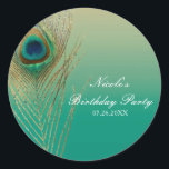 Sticker Rond Peacock Feather Sand et Turquoise Boho Party Favor<br><div class="desc">Sable Peacock Feather et Stickers Turquoise Boho Party Favoriser les autocollants. Customisez avec le texte que vous voulez.</div>