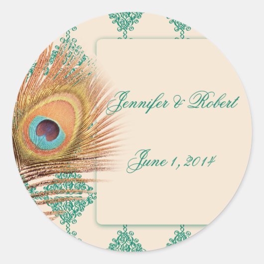 Sticker Rond Peacock Feather sur Teal Marocain Enveloppe Seal (Devant)
