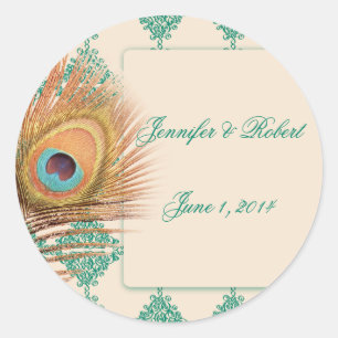 Sticker Rond Peacock Feather sur Teal Marocain Enveloppe Seal