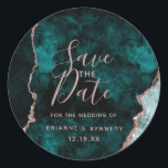 Sticker Rond Peacock Green Rose Gold Agate Marbre Enregistrer l<br><div class="desc">Peacock Green & Rose Gold Foil Aquarelle Marbre Agate Géode Doré Design,  avec polices Moderne et Script. Mariage tendance et chic Enregistrer la date Stickers Round! ~ Regardez ma boutique pour voir l'ensemble de la suite mariage pour ce design!</div>