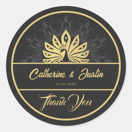 Sticker Rond Peacock or et Mariage noir Art déco moderne (Devant)