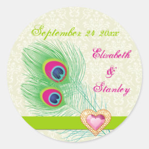 Sticker Rond Peacock plumes bijou coeur mariage Enregistrer la