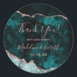 Sticker Rond Peacock Vert et Rose Or Foil Merci d'agate d'or<br><div class="desc">Rich Peacock Turquoise Green & Elegant Rose Gold Faux Foil Aquarelle Marbre Agate Gilded Geode Invitation Design,  avec polices Moderne et Script. Stickers Merci Mariage tendance et chic ! ~ Regardez ma boutique pour voir l'ensemble de la suite mariage pour ce design!</div>