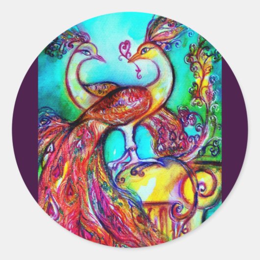 Sticker Rond PEACOCKS IN LOVE MONOGRAM rouge bleu turquase vert (Devant)