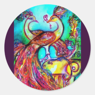 Sticker Rond PEACOCKS IN LOVE MONOGRAM rouge bleu turquase vert