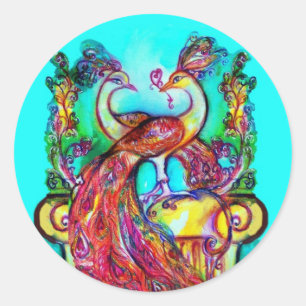 Sticker Rond PEACOCKS IN LOVE MONOGRAM rouge bleu turquase vert