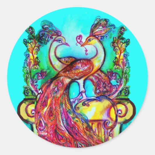 Sticker Rond PEACOCKS IN LOVE MONOGRAM rouge bleu turquase vert (Devant)