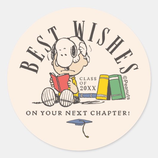 Sticker Rond Peanuts Best Wishes Graduation Snoopy Reading (Devant)