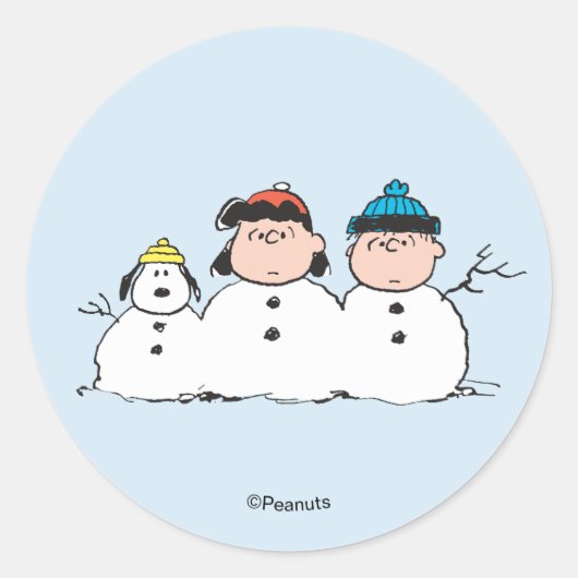 Sticker Rond Peanuts | Bonhomme de neige à 3 personnages (Devant)