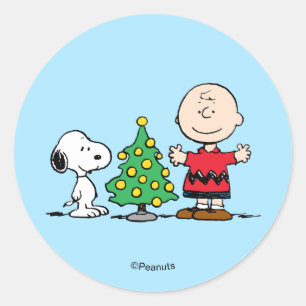 Sticker Rond Peanuts   Sapin de Noël Snoopy & Charlie Brown
