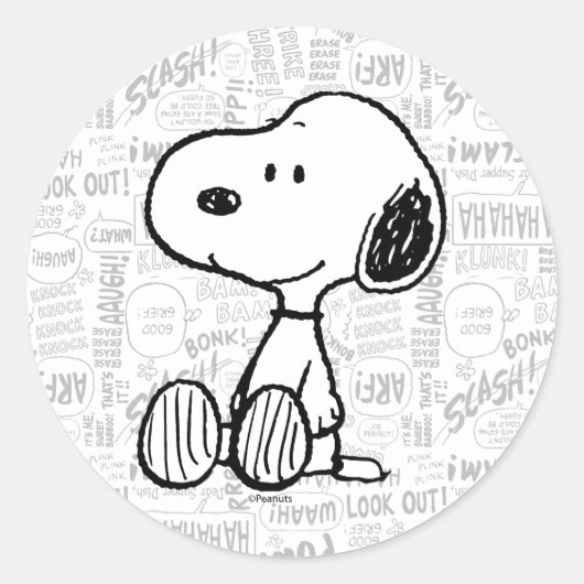 Sticker Rond PEANUTS | Snoopy on Black White Comics (Devant)
