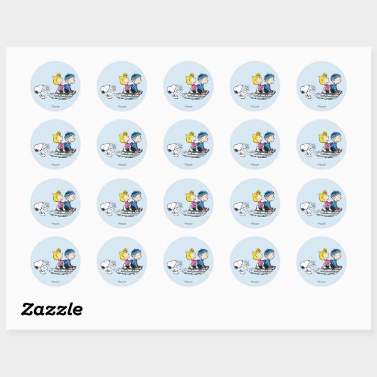 Sticker Rond Peanuts | Snoopy, Sally & Linus Sled Riding (Feuille)