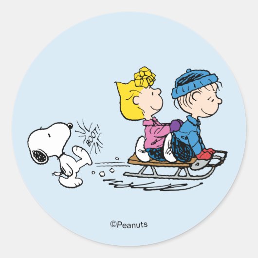 Sticker Rond Peanuts | Snoopy, Sally & Linus Sled Riding (Devant)