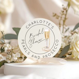 Sticker Rond Pearles et Prosecco Écriture moderne Douche nuptia