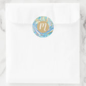 Sticker Rond Pearlescent Aqua & Gold Liquide Marbre & Monogramm (Sac)