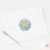 Sticker Rond Pearlescent Aqua & Gold Liquide Marbre & Monogramm (Enveloppe)