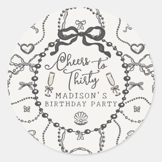 Sticker Rond Pearls Prosecco Black Coquette Bow Anniversaire Fa (Devant)