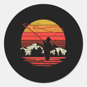 Sticker Rond Pêche à la mouche Coucher de soleil Rétro Truite P