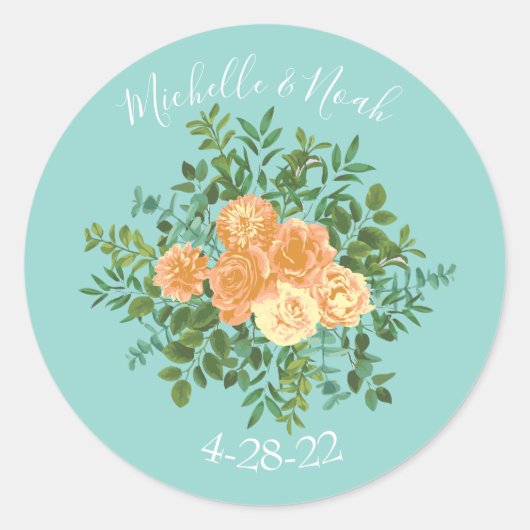 Sticker Rond Pêche Aqua Turquoise Mariage Roses Floral (Devant)