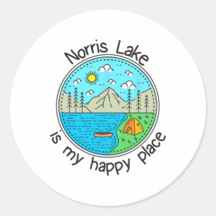Sticker Rond Pêche Bateau Camping - Mon Endroit Heureux Norris