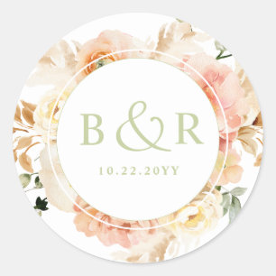 Sticker Rond Pêche, Blush avec Enveloppe Mariage verte / Favori