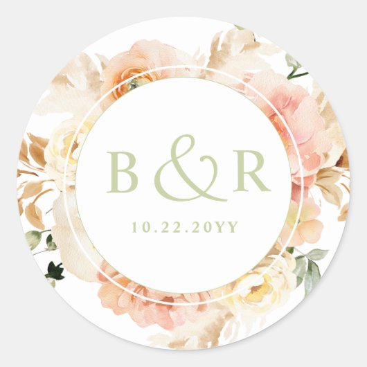 Sticker Rond Pêche, Blush avec Enveloppe Mariage verte / Favori (Devant)