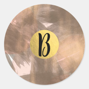 Sticker Rond Pêche & Cuivre Bronze Chic Moderne Monogramme Or