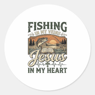 Sticker Rond Pêche dans mes veines Jésus dans mon cœur Vintage
