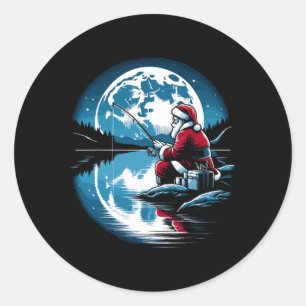Sticker Rond Pêche de Noël de Père Noël Xmas Pêcheur Poisson