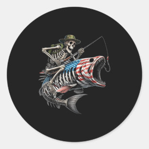 Sticker Rond Pêche Drapeau Américain B Crâne de Poisson Squelet