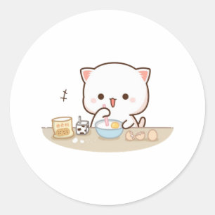 Sticker Rond Pêche Et Goma Mochi Chat Fabriquant Des Gâteaux
