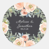 Sticker Rond Pêche Green Navy Pastel Floral Mariage (Devant)