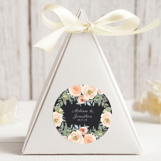 Sticker Rond Pêche Green Navy Pastel Floral Mariage