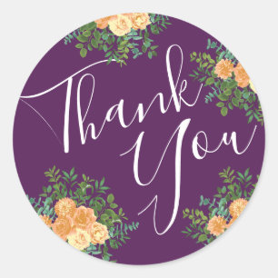 Sticker Rond Pêche & Plum Purple Peony & Rose Floral Mariage