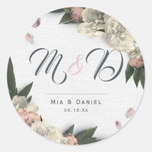 Sticker Rond Pêche romantique et pivoines florales blanches