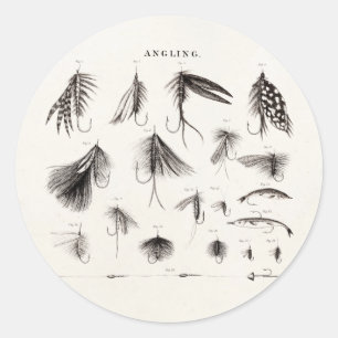Sticker Rond Pêche vintage 1800s Pêche Volée Mouches Lure Lures