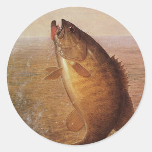 Sticker Rond Pêche vintage, Achigan à petite bouche sautant sur