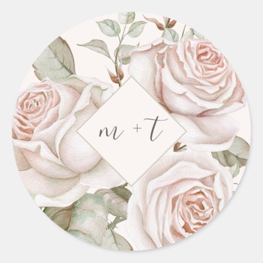 Sticker Rond Pêcher les Roses avec Mariage Monogrammes (Devant)
