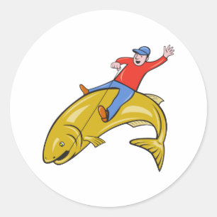 Sticker Rond Pêcheur Volant Riding Pompage Truite Poisson Carto