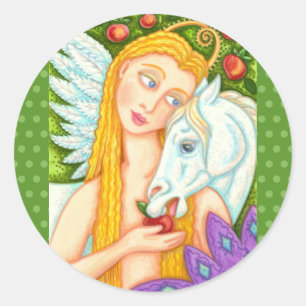 STICKER ROND PEGASUS ET EVE DANS LE JARDIN D'EDEN, CHEVAL