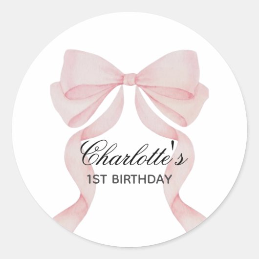 Sticker Rond Pegatina Pink Bow Girl First Birthday (Devant)
