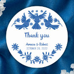 STICKER ROND PEGATINA REDONDA AZUL OTOMI MEXICAN GRACIAS<br><div class="desc">Hermosos patrones otomíes mexicanos de Boda en tonos azules,  flores y pájaros lindos, </div>