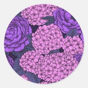 Sticker Rond Peine et hydrangée en rose et violet