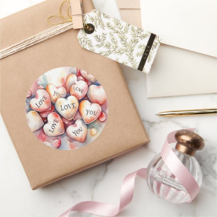 Sticker Rond Peinture aquarelle coeurs cadeau d'anniversaire Je