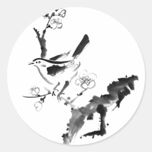 Sticker Rond Peinture chinoise, fleur de prune et oiseau