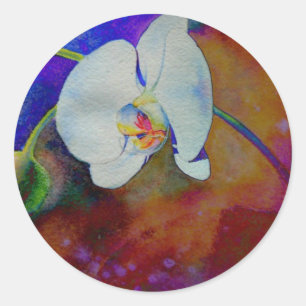 Sticker Rond Peinture d'aquarelle d'orchidée hawaïenne blanche