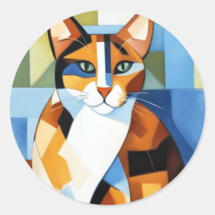 Sticker Rond Peinture d'art Cubiste Calico Cat