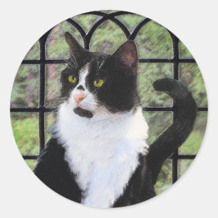 Sticker Rond Peinture de chat Tuxedo - Cute Original Cat Art