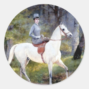 Sticker Rond Peinture de cheval blanc de Madame Riding