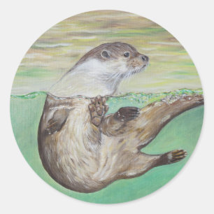 Sticker Rond Peinture de loutre de rivière enjouée